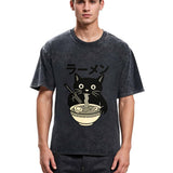 Tokyosol Simple Black Cat Eating Ramen Washed T Shirt