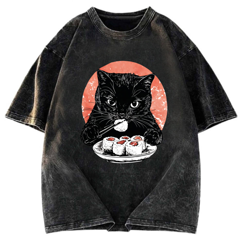 Tokyosol Cat Eating Delicious Sushi Washed T Shirt