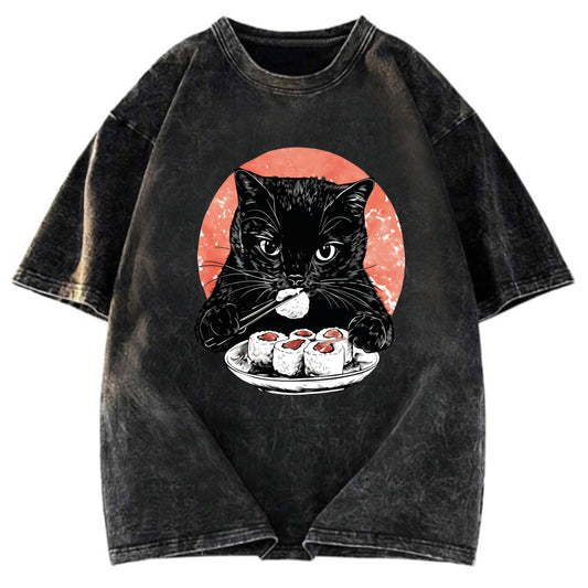 Tokyosol Cat Eating Delicious Sushi Washed T Shirt
