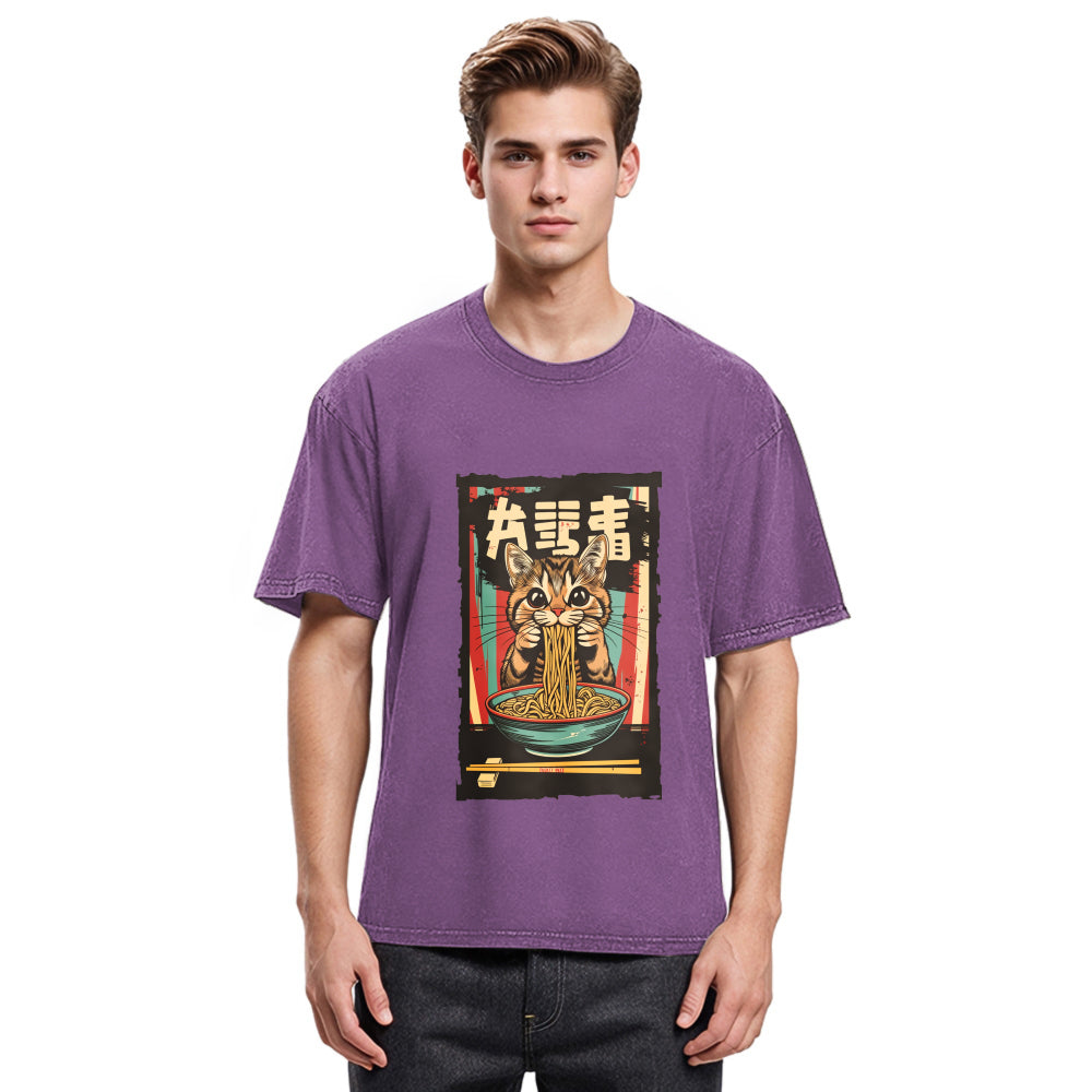 Tokyosol Kawaii Ramen Orange Cat Vintage Japanese Washed T Shirt