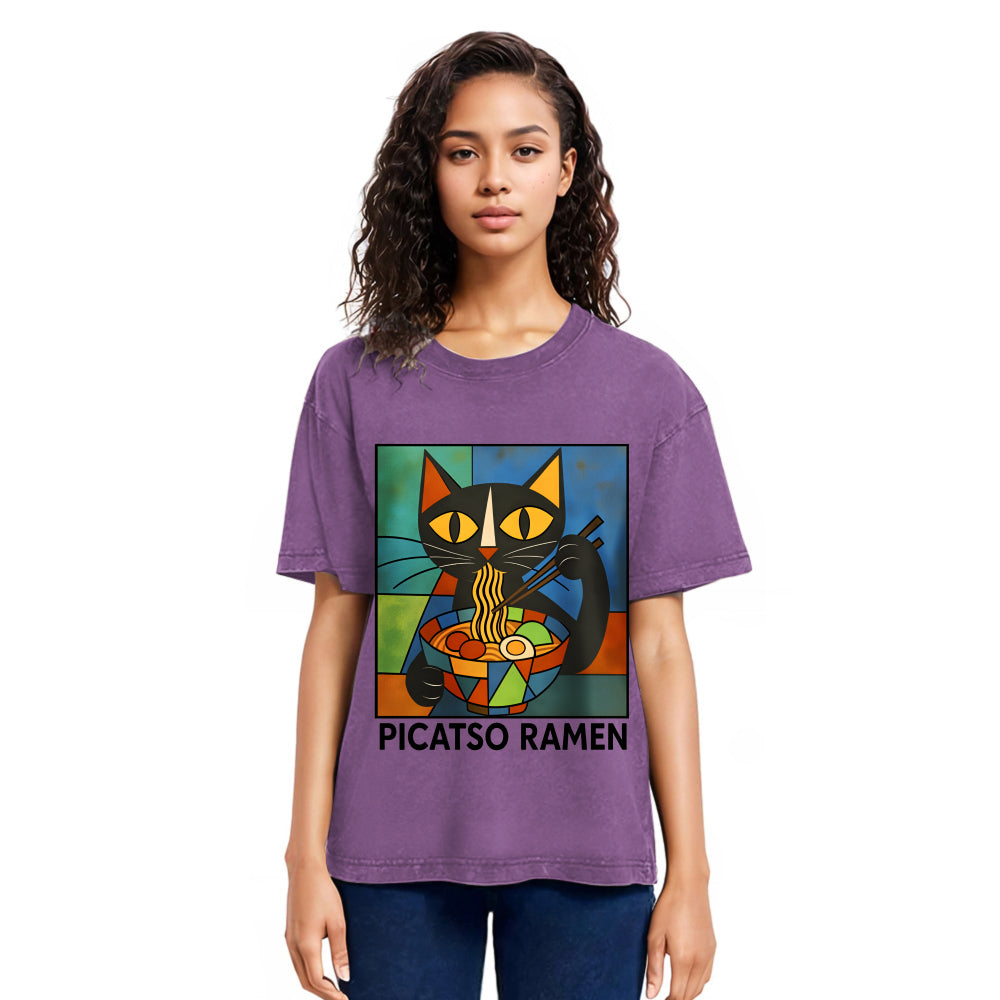 Tokyosol Abstract Cat Eating Ramen Washed T Shirt