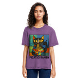 Tokyosol Abstract Cat Eating Ramen Washed T Shirt
