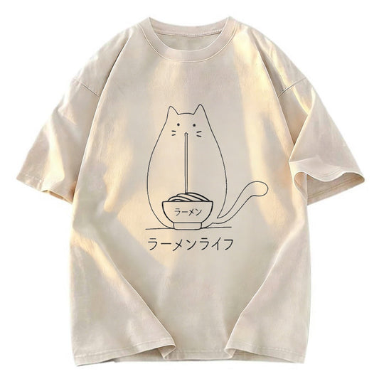 Tokyosol Ramen Cat Washed Zip T Shirt