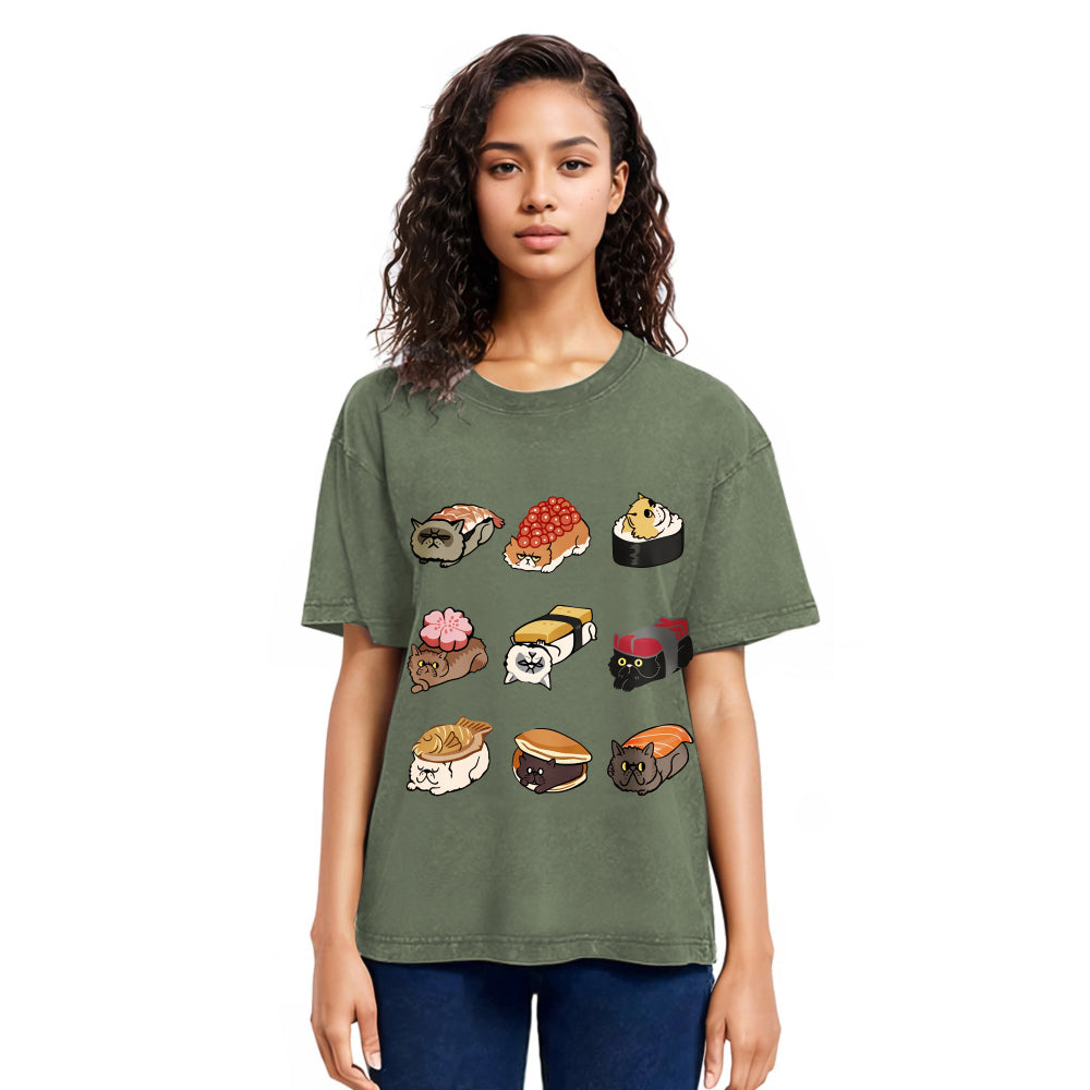 Tokyosol Cute Cat Sushi Washed T Shirt