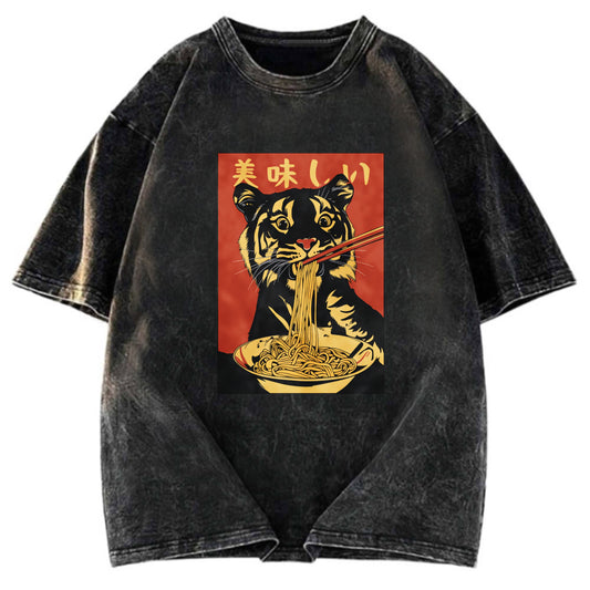 Tokyosol Tiger Eating Delicious Ramen Washed T-Shirt