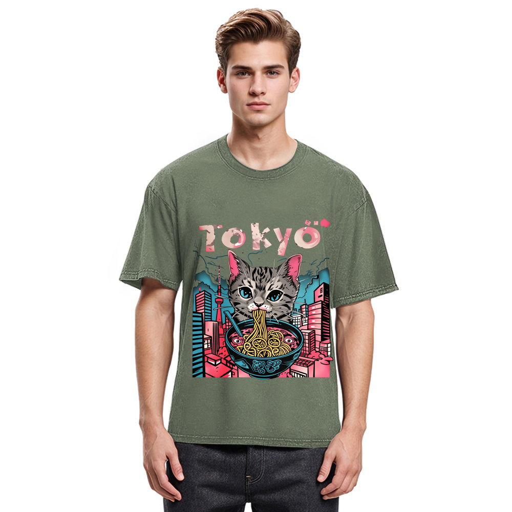 Tokyosol Tokyo Ramen Pink Cat Washed T Shirt
