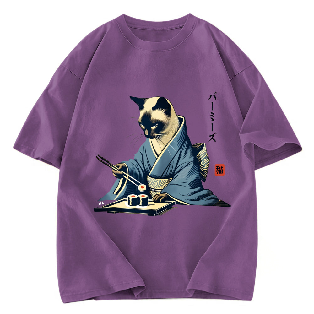 Tokyosol Cat In Kimono Eating Sushi Washed T Shirt