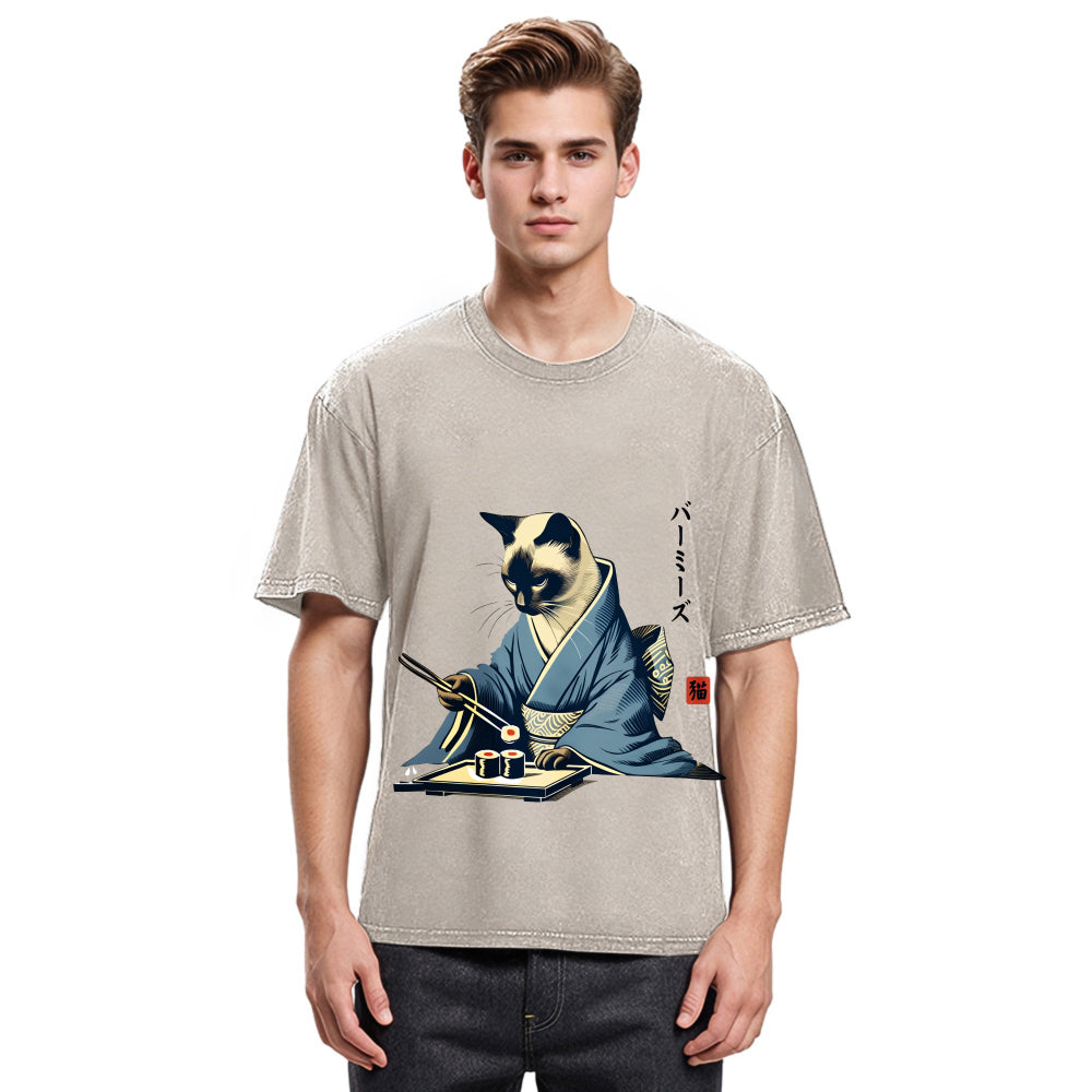 Tokyosol Cat In Kimono Eating Sushi Washed T Shirt