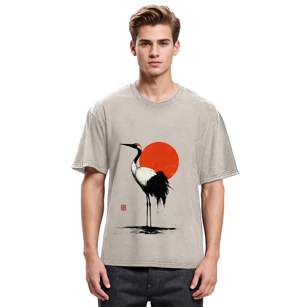 Tokyosol Retro Japanese Red Crowned Crane Washed T Shirt
