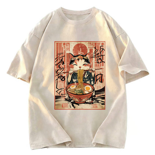 Tokyosol Kawaii Japanese Cute Ramen Cat Washed T Shirt