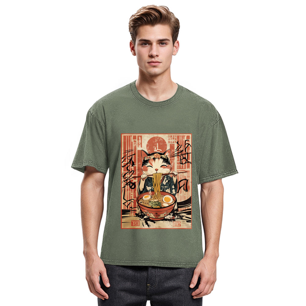 Tokyosol Kawaii Japanese Cute Ramen Cat Washed T Shirt