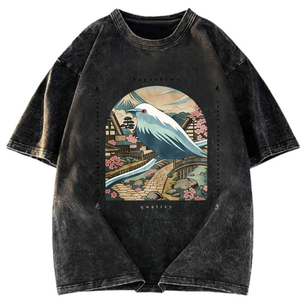 Tokyosol Retro Japan Culture Bird Washed T Shirt