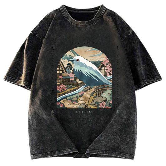 Tokyosol Retro Japan Culture Bird Washed T Shirt
