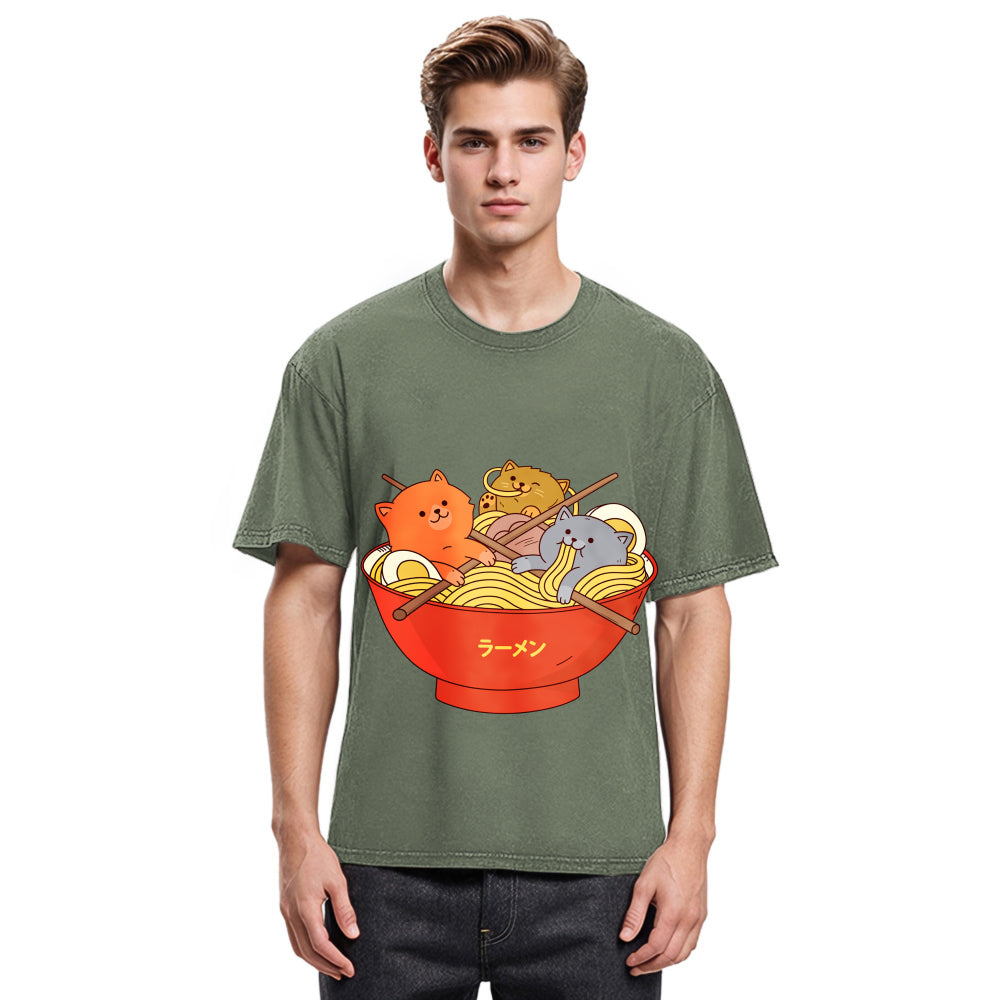 Tokyosol Cute Cat Ramen Washed T Shirt