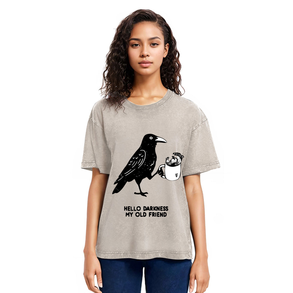 Tokyosol Crow Drinking Black Coffee Funny Washed T Shirt