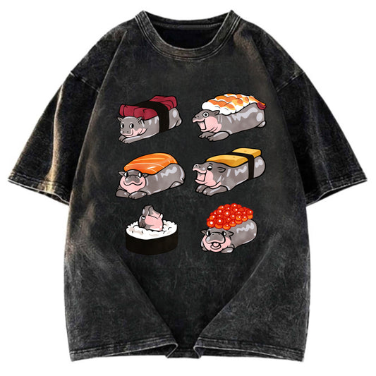 Tokyosol Cute Hippo Sushi Washed T Shirt Washed T Shirt