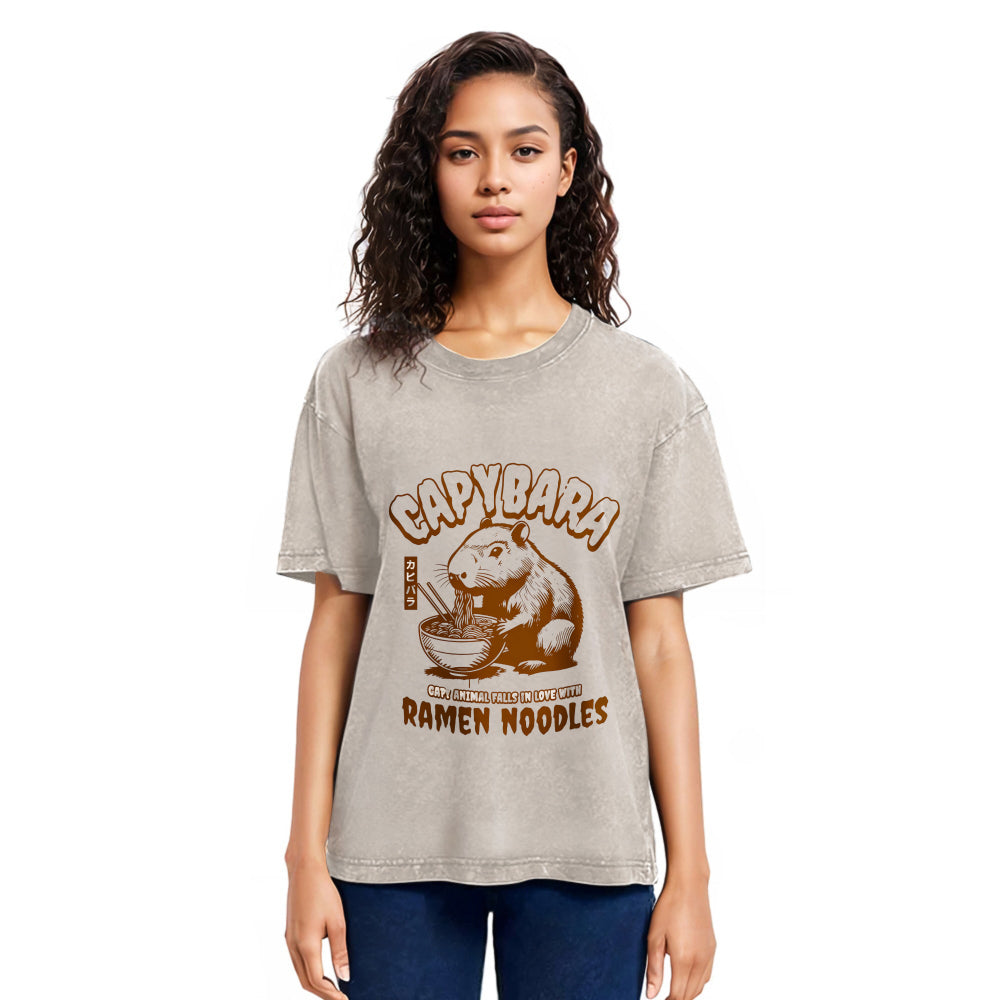 Tokyosol Retro Capybara Eating Ramen Washed T Shirt