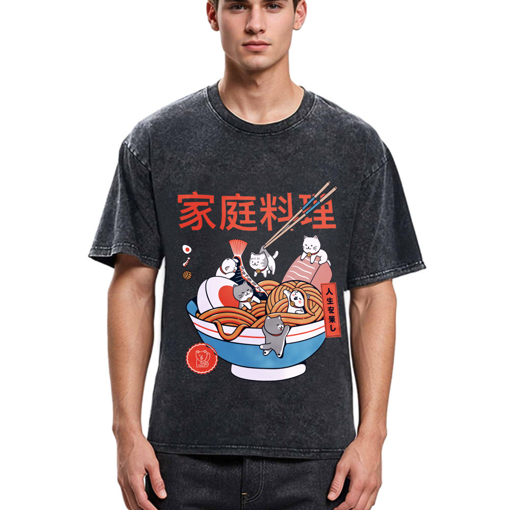 Tokyosol Ramen And Mini Cats Washed T Shirt