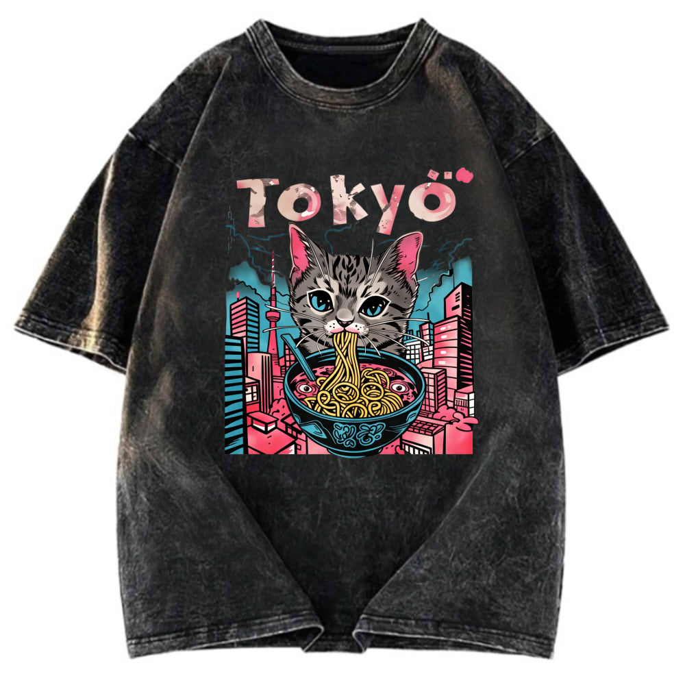 Tokyosol Tokyo Ramen Pink Cat Washed T Shirt