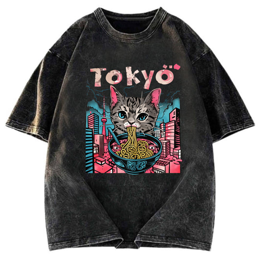 Tokyosol Tokyo Ramen Pink Cat Washed T Shirt