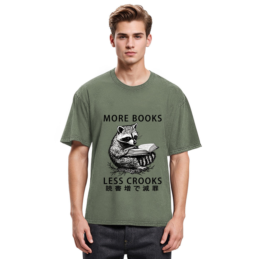 Tokyosol Raccoon Reading Books Less Crooks Washed T Shirt