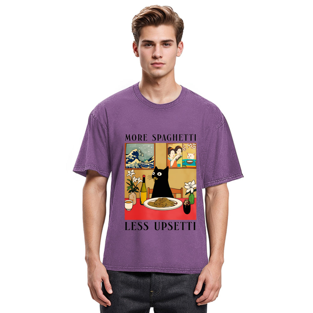 Tokyosol Cat Eating Pasta Washed T Shirt