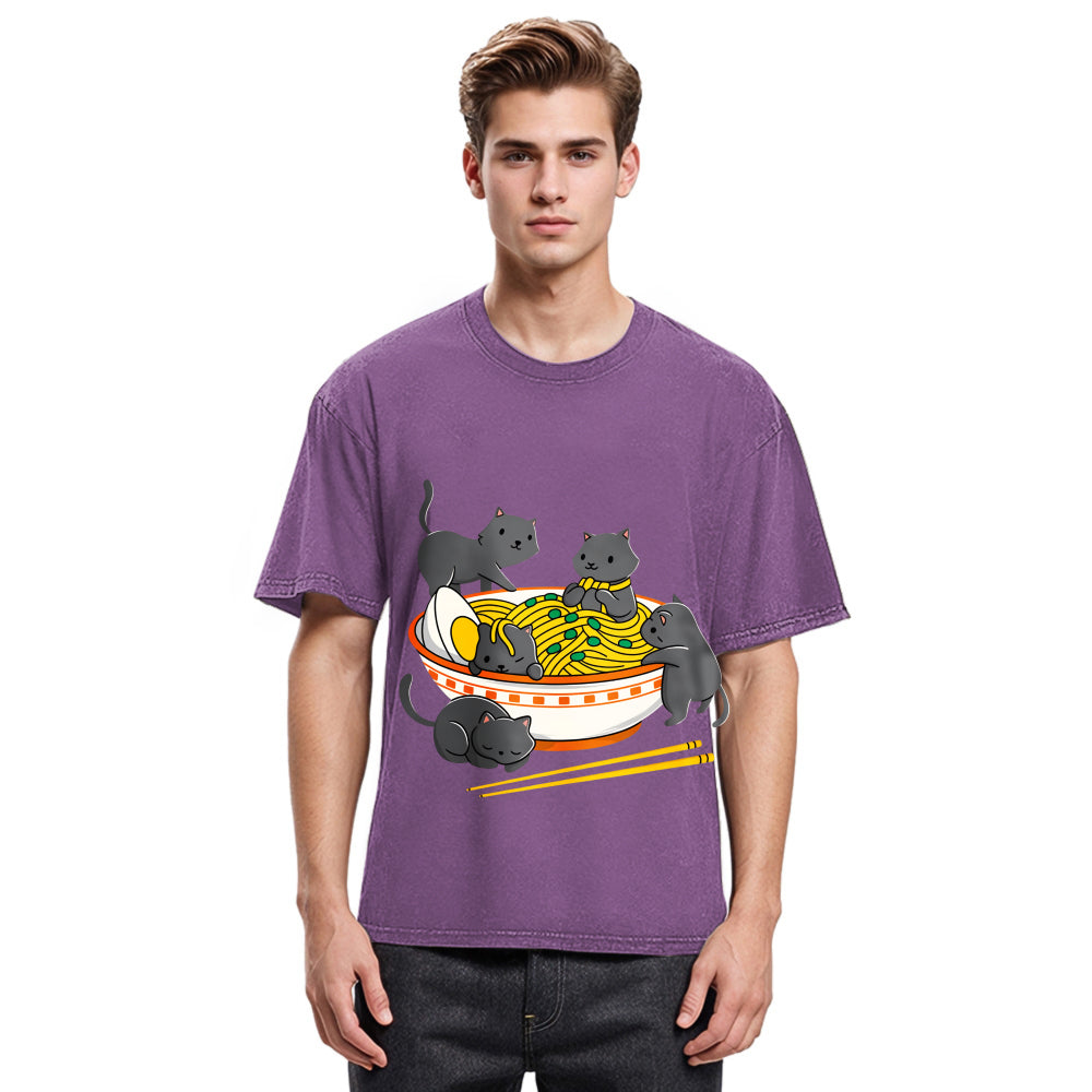 Tokyosol Kawaii Anime Cat Japanese Ramen Washed T Shirt
