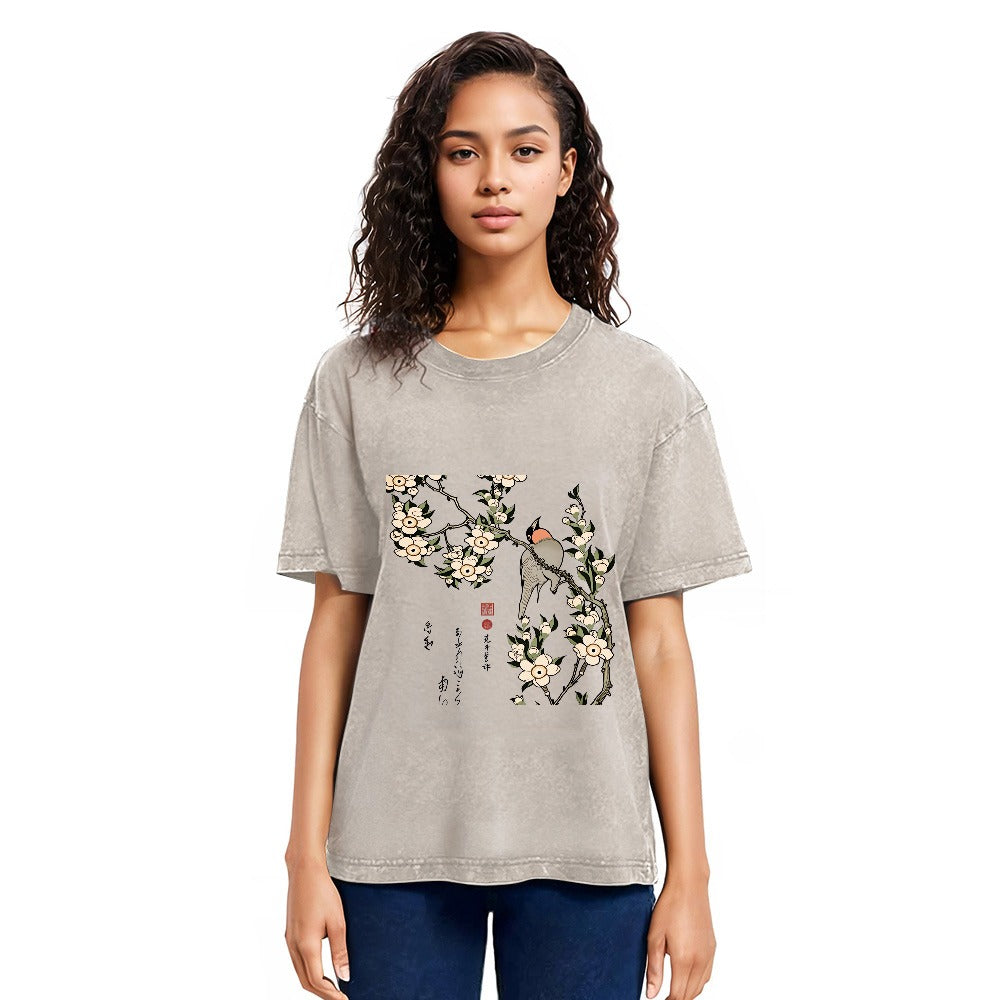 Tokyosol Japanese Bird And Wood Painting Washed T Shirt
