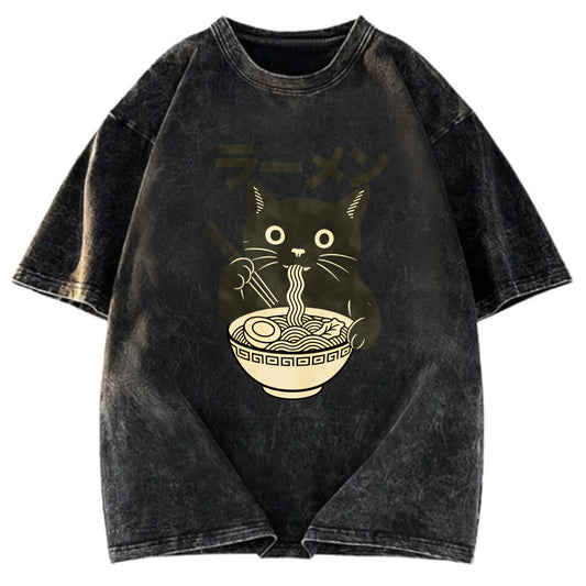 Tokyosol Simple Black Cat Eating Ramen Washed T Shirt