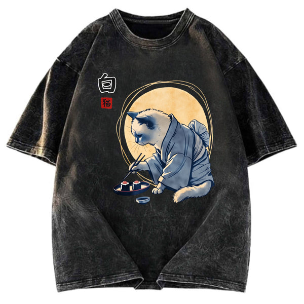 Tokyosol Cute Japanese Sushi Cat Washed T Shirt