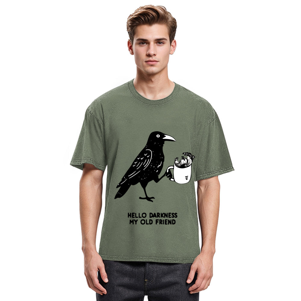 Tokyosol Crow Drinking Black Coffee Funny Washed T Shirt