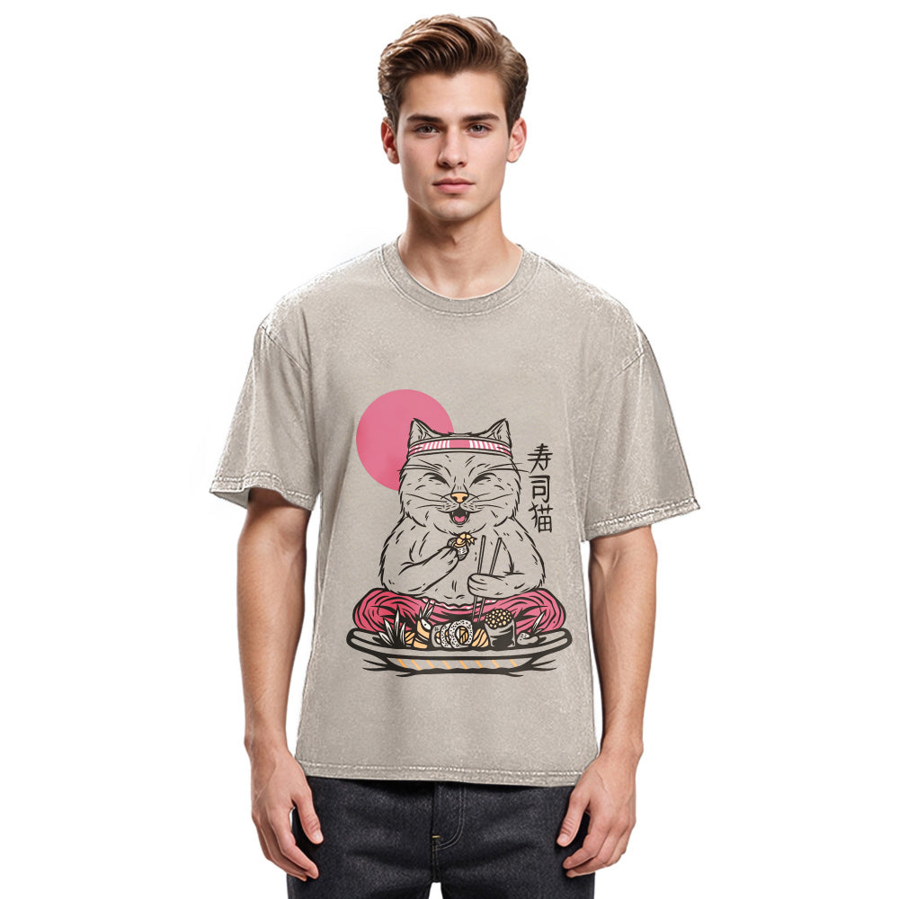 Tokyosol Cute Sushi Cat Eating Washed T Shirt