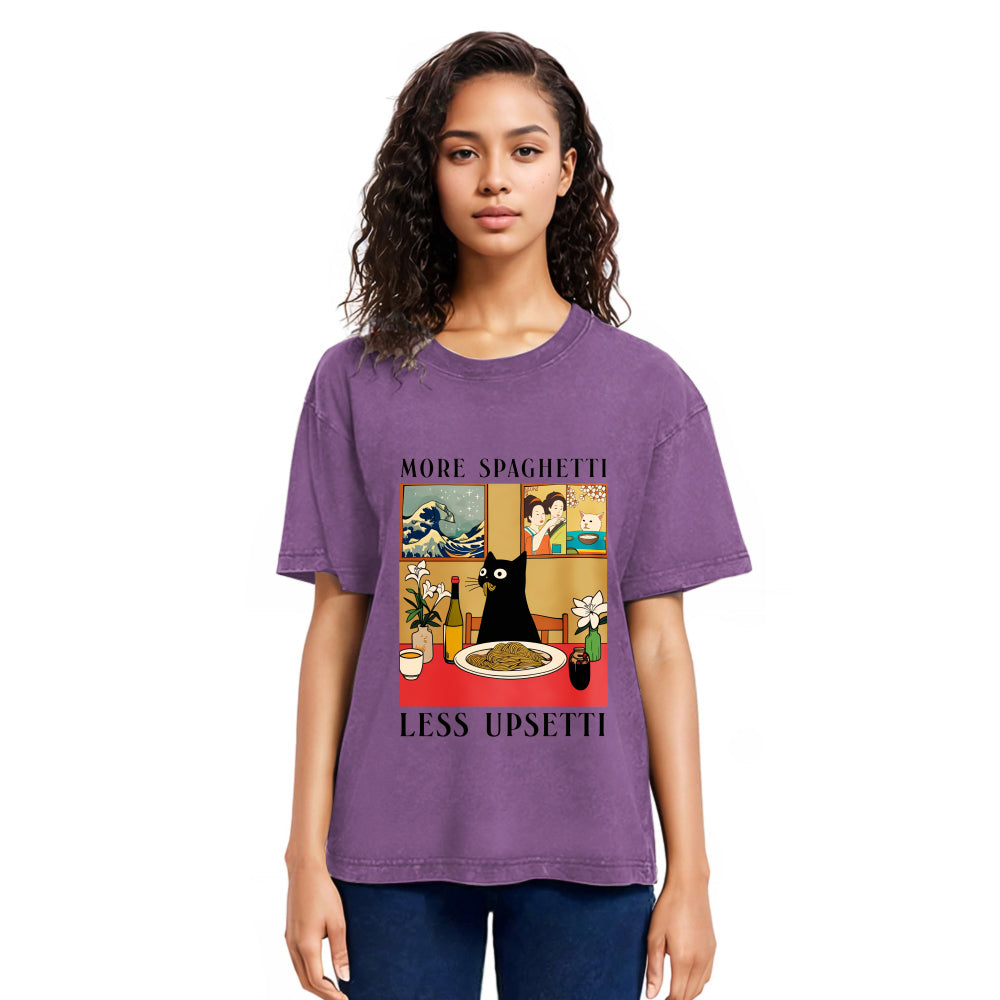 Tokyosol Cat Eating Pasta Washed T Shirt