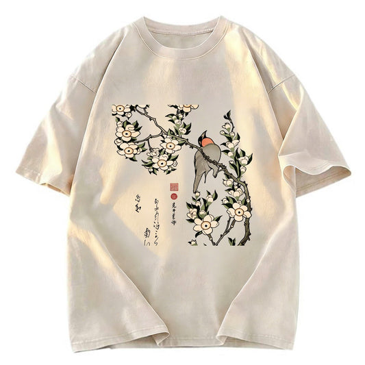 Tokyosol Japanese Bird And Wood Painting Washed T Shirt