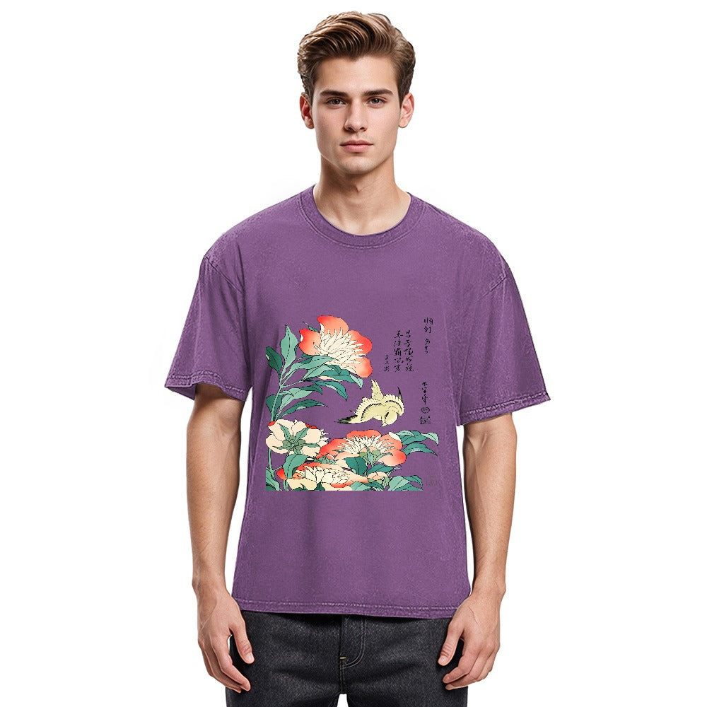 Tokyosol Hokusai Flowers Peonies Bird Washed T Shirt