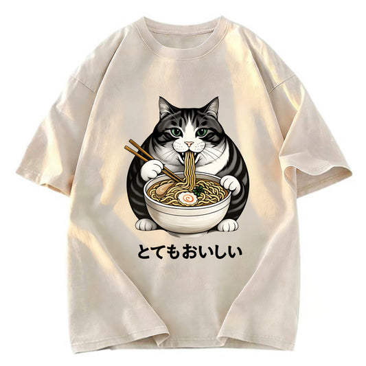 Tokyosol Fat Cat Eating Delicious Ramen Washed T Shirt