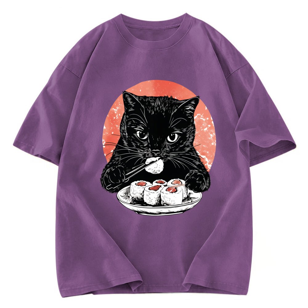 Tokyosol Cat Eating Delicious Sushi Washed T Shirt