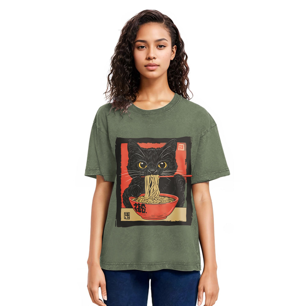 Tokyosol Kawaii Japanese Ramen Cat Vintage Washed T Shirt