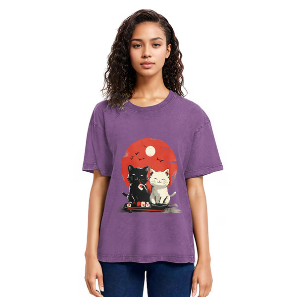 Tokyosol Black And White Cat Vintage Washed T Shirt