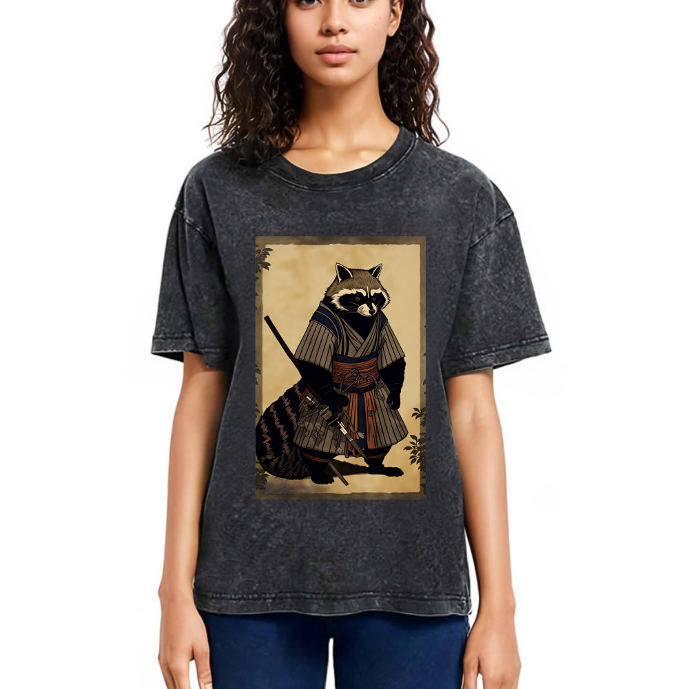Tokyosol Japanese Raccoon Samurai Washed T Shirt