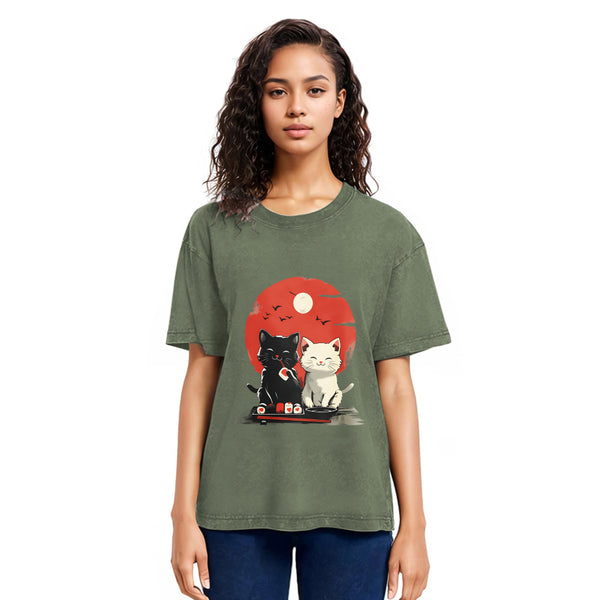 Tokyosol Black And White Cat Vintage Washed T Shirt