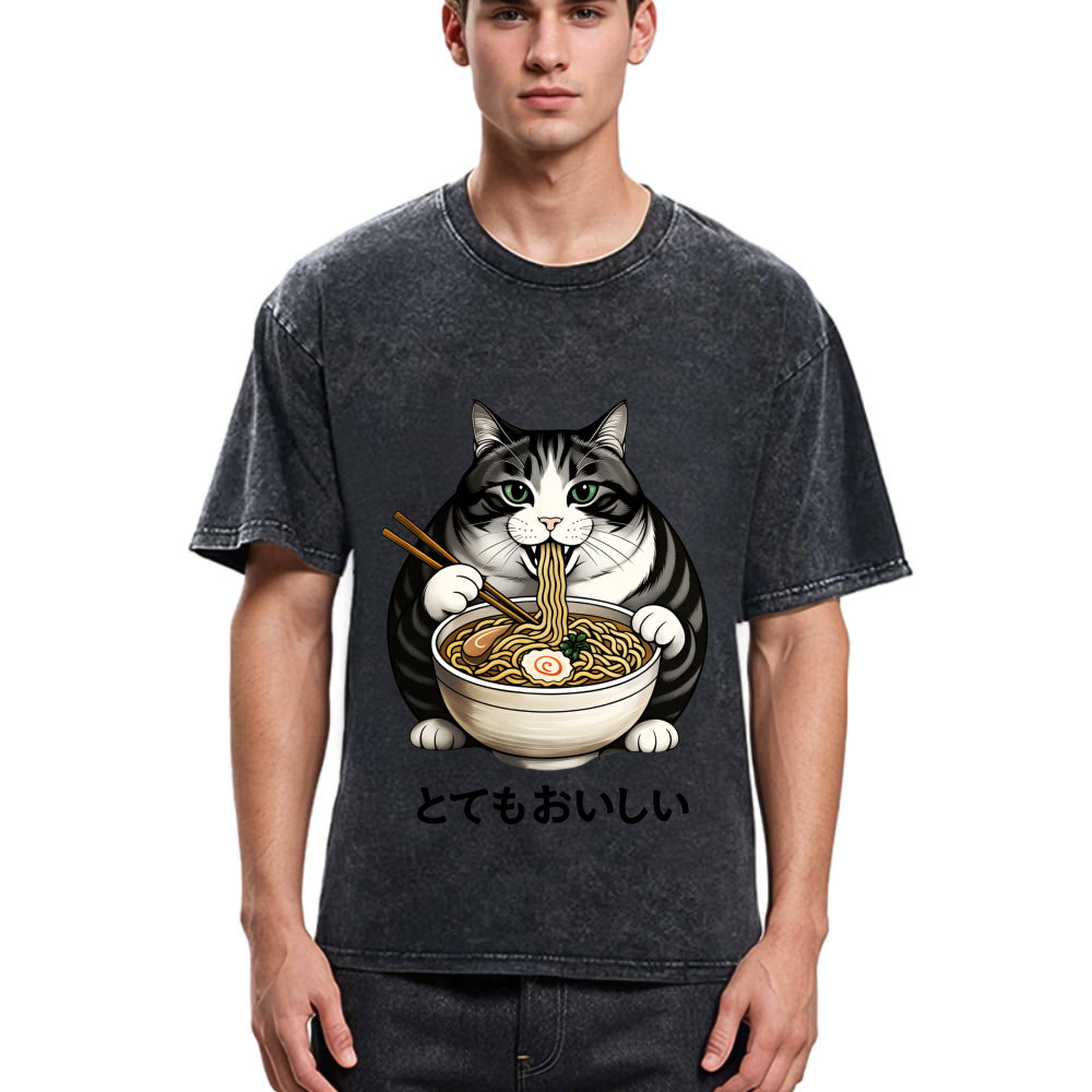 Tokyosol Fat Cat Eating Delicious Ramen Washed T Shirt
