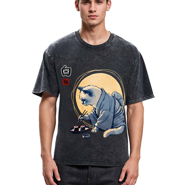 Tokyosol Cute Japanese Sushi Cat Washed T Shirt