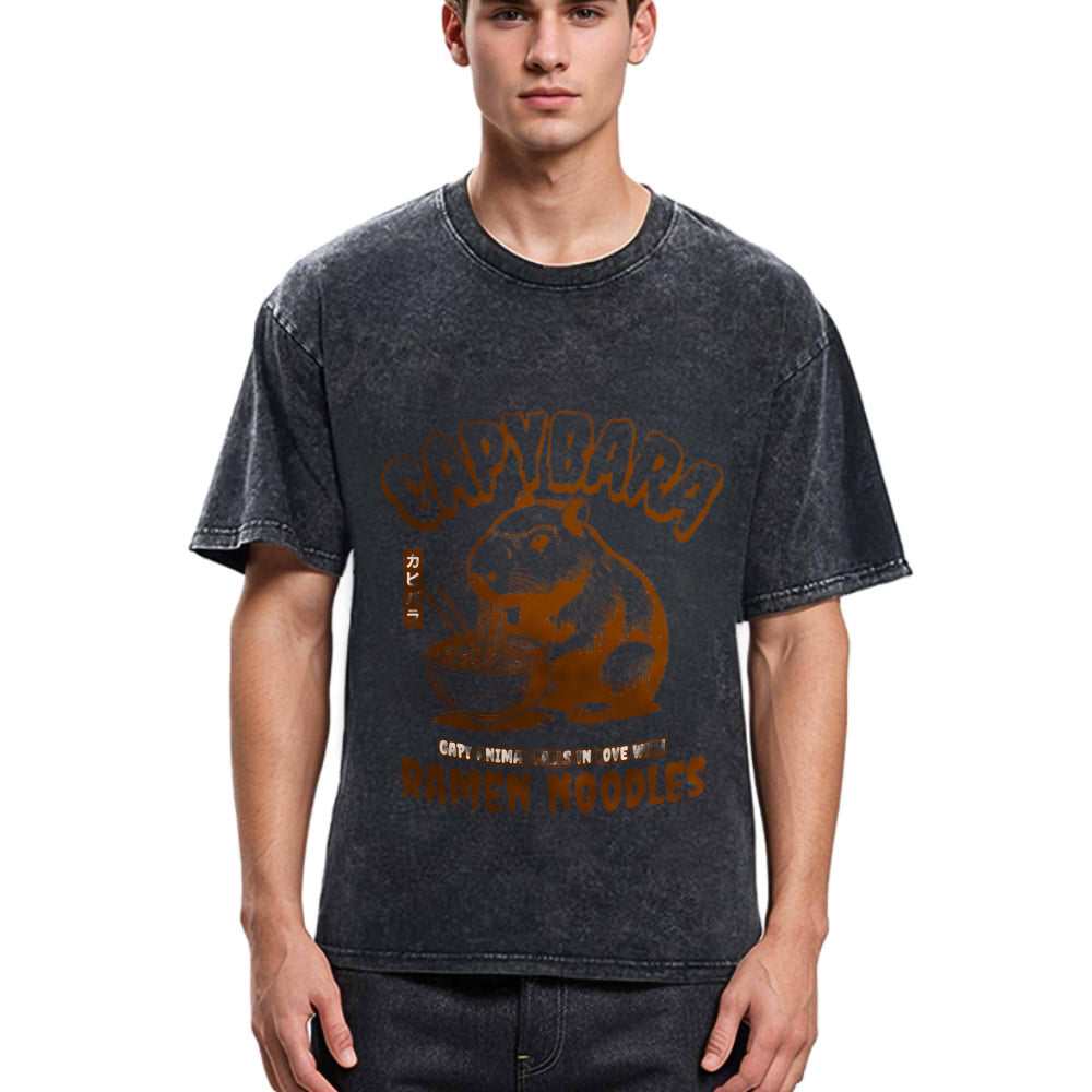 Tokyosol Retro Capybara Eating Ramen Washed T Shirt