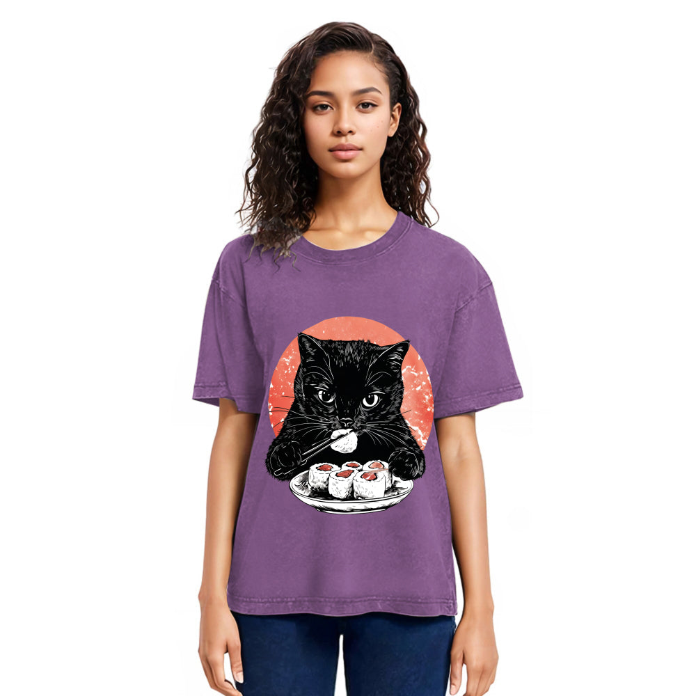 Tokyosol Cat Eating Delicious Sushi Washed T Shirt