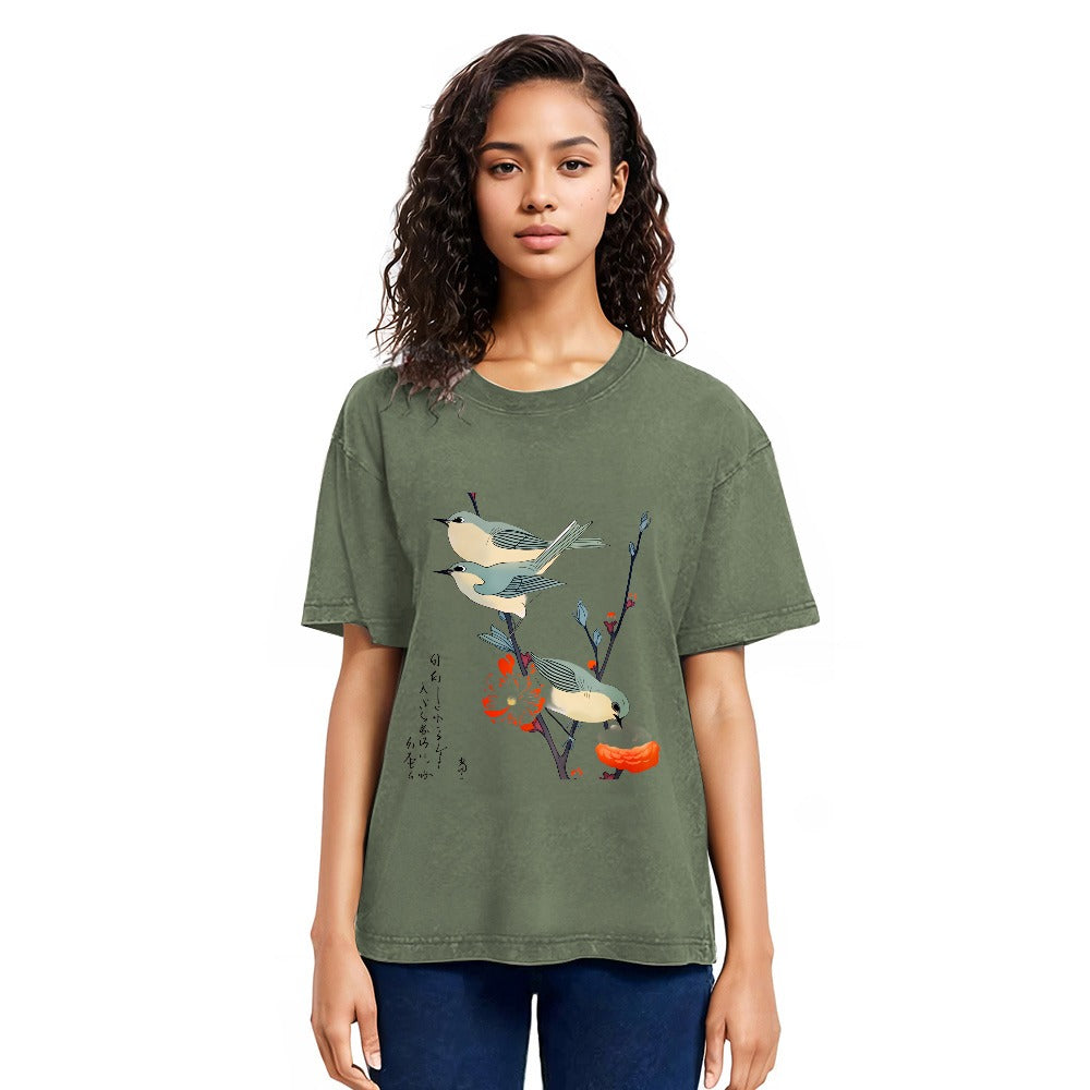 Tokyosol Japanese Art Birds On Cherry Blossom Washed T Shirt