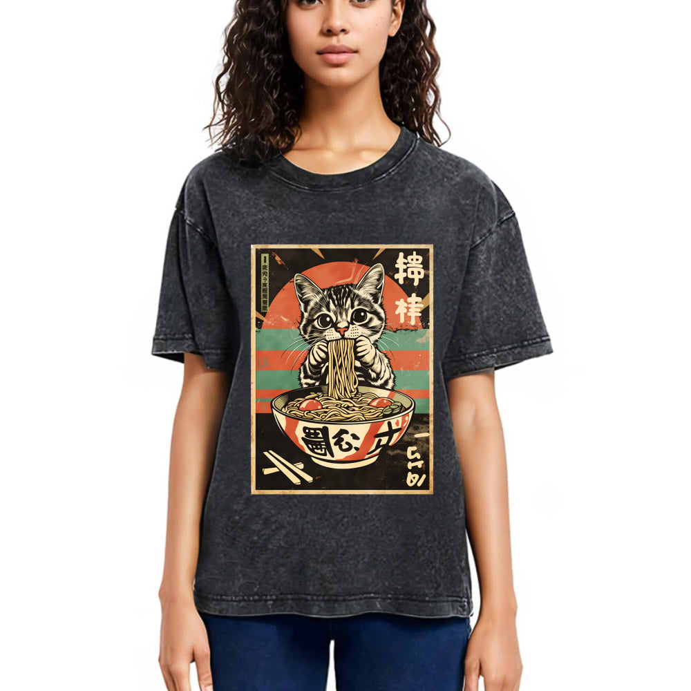 Tokyosol Kawaii Cat Lover Ramen Washed T Shirt