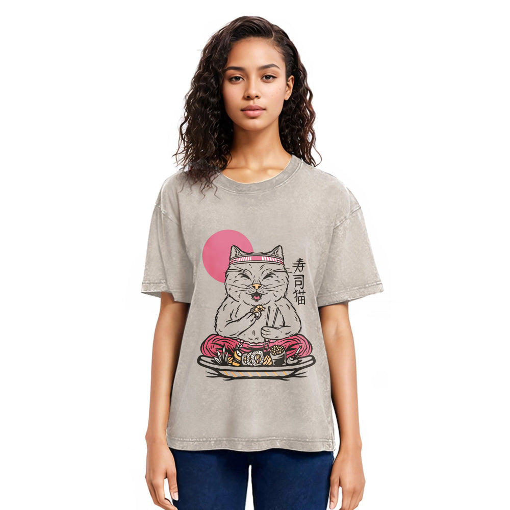 Tokyosol Cute Sushi Cat Eating Washed T Shirt
