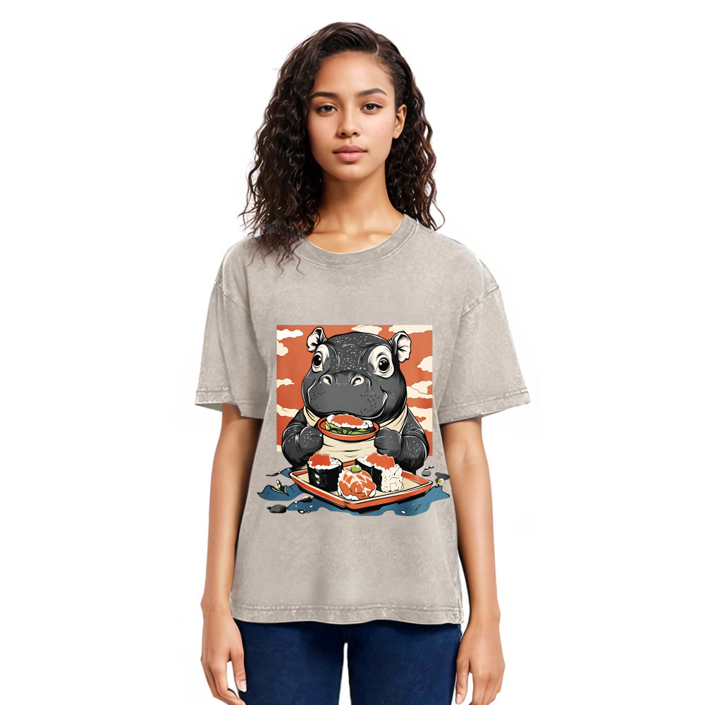 Tokyosol Moo Deng Eat Sushi Washed T Shirt
