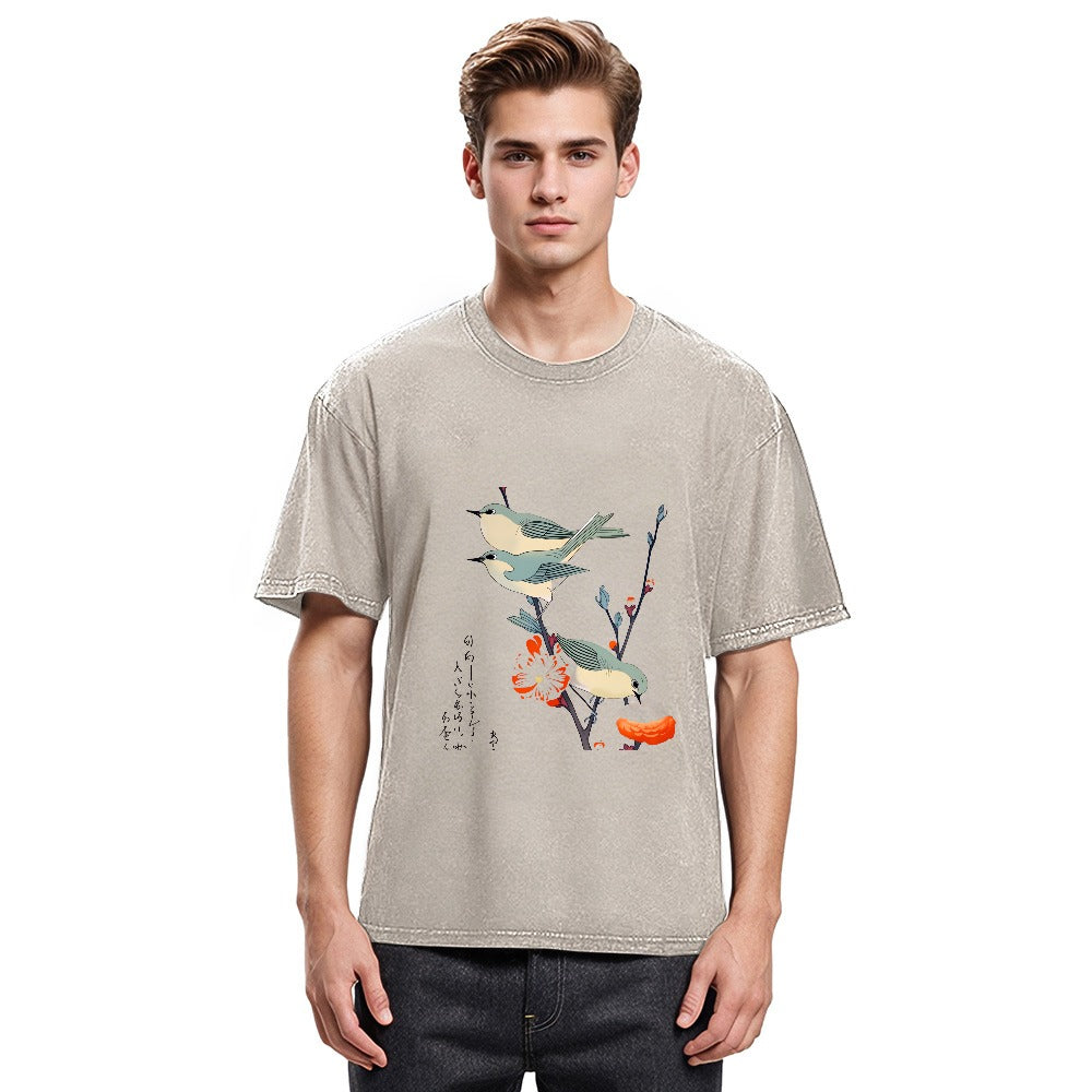 Tokyosol Japanese Art Birds On Cherry Blossom Washed T Shirt